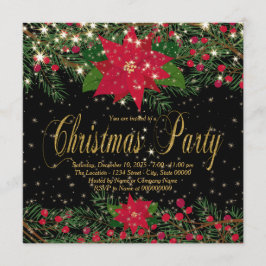 Invitación Fiesta de Navidad con Poinsettia Roja Rústica