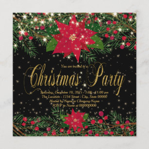 Invitación Fiesta de Navidad con Poinsettia Roja Rústica