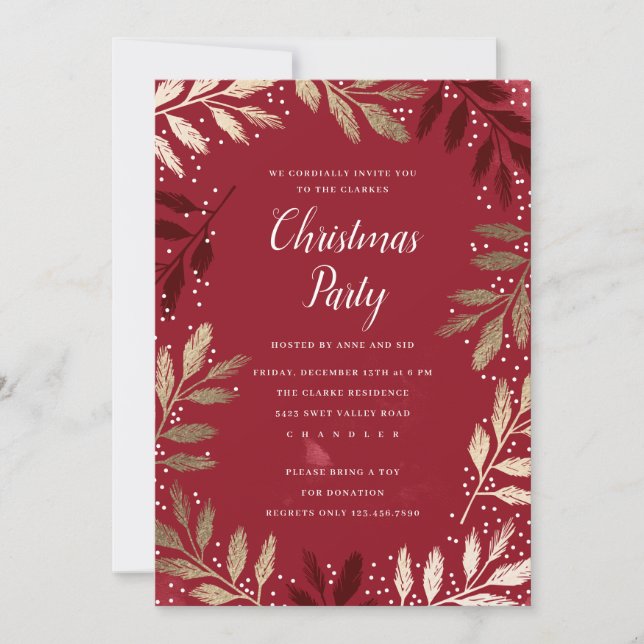 Invitación Fiesta de Navidad con ramas de oro elegantes (Anverso)