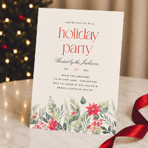 Invitación Fiesta de Navidad con Raya Roja Preppy Floral