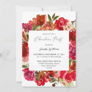 Invitación Fiesta de Navidad con Rosa Roja y Floral Rosa