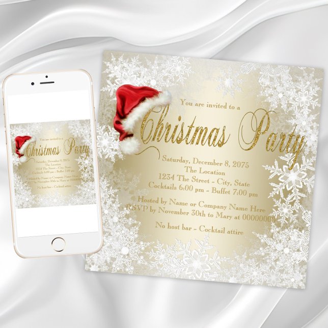 Invitación Fiesta de Navidad con sombrero de Santa y copo de  (Gold snowflake Santa hat Christmas party invitation. Available for instant download and printed.)