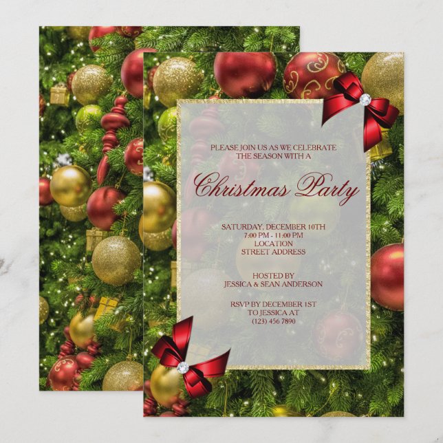 Invitación Fiesta de Navidad con Stylish Baubles & Lazos (Anverso / Reverso)