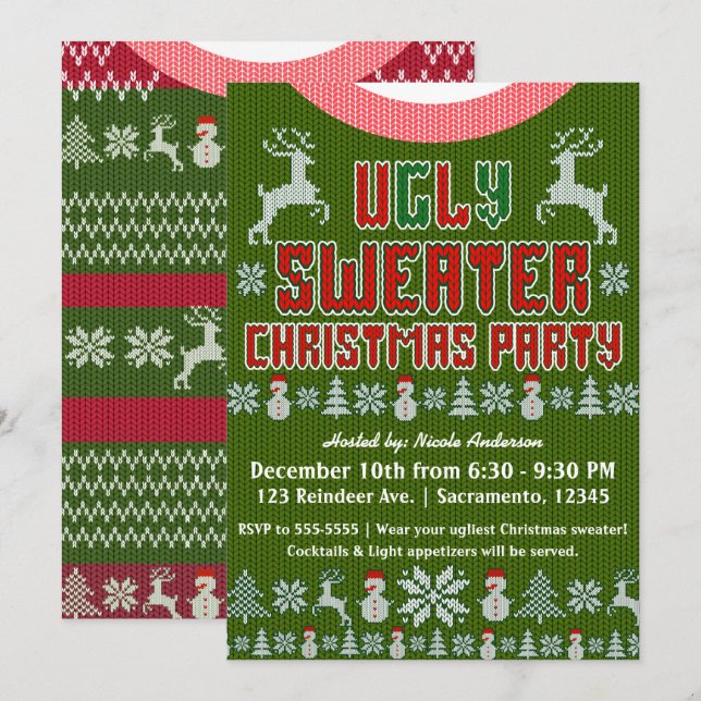 Invitación Fiesta de Navidad con suéter feo de punto rojo y v (Anverso / Reverso)