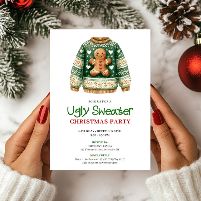 Invitación Fiesta de Navidad con suéter feo divertido y artís (Artistic Funny Ugly Sweater Christmas Party)