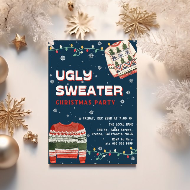 Invitación Fiesta de Navidad con suéteres feos divertidos (Funny ugly sweater blue christmas party invitation)