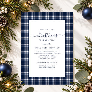 Invitación Fiesta de Navidad con Tartán de Cuadro Azul Modern
