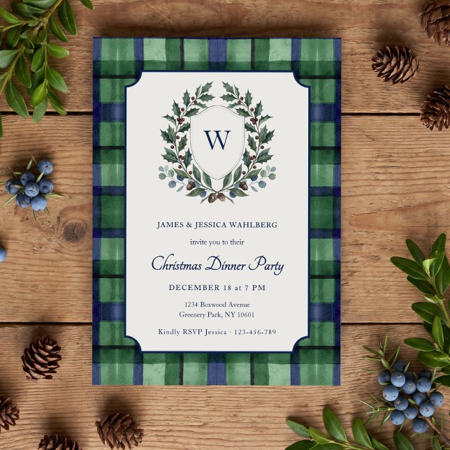 Invitación Fiesta de Navidad con Tartán Heritage Crest (Christmas Dinner Party Invitation by Darling & May)