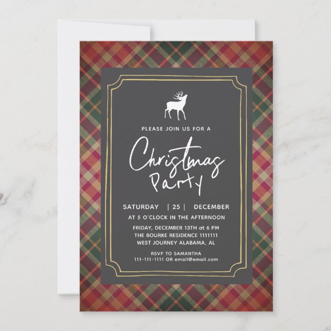Invitación Fiesta de Navidad con Tartán Plaid Rústico Chic (Anverso)