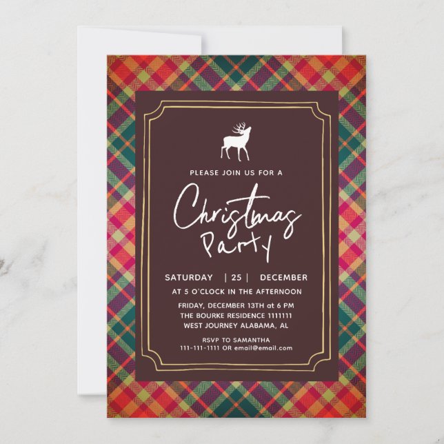 Invitación Fiesta de Navidad con Tartán Plaid Rústico Chic (Anverso)