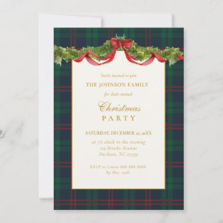 Invitación Fiesta de Navidad con Tartán Verde y Guirnalda