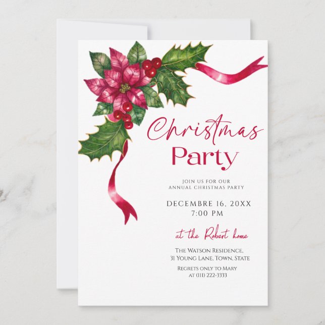 Invitación Fiesta de Navidad con tema floral de cinta (Anverso)