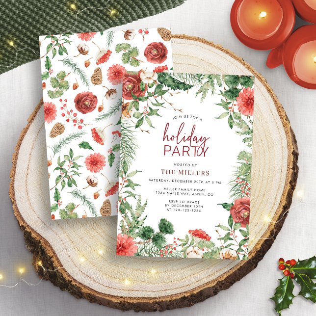 Invitación Fiesta de Navidad con Vegetación (Greenery Christmas Holiday Party Invitation
)