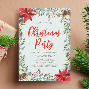 Invitación Fiesta de Navidad con vegetación de bosque en acua