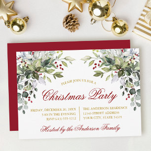 Invitación Fiesta de Navidad con vegetación en acuarela rojo 