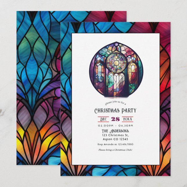 Invitación Fiesta de Navidad con Ventana de Rosa de Vidrio Te (Anverso / Reverso)