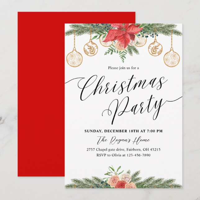 Invitación Fiesta de Navidad con Verde Acuarela (Anverso / Reverso)