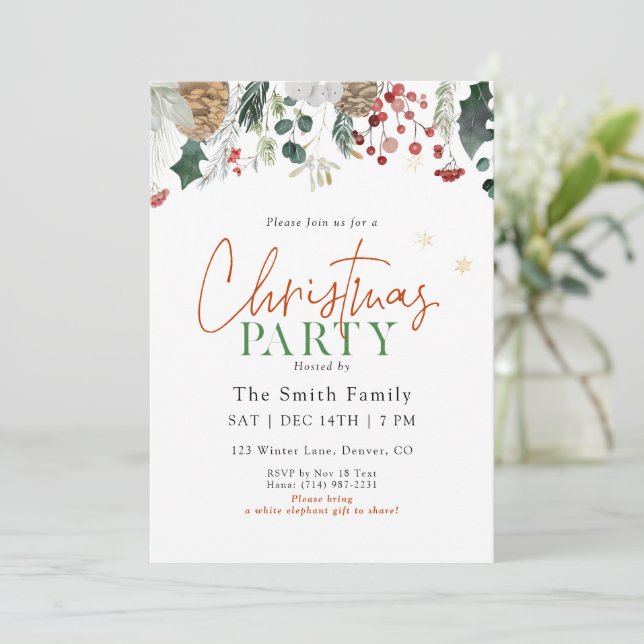 Invitación Fiesta de Navidad con Verde Acuarela (Anverso de pie)