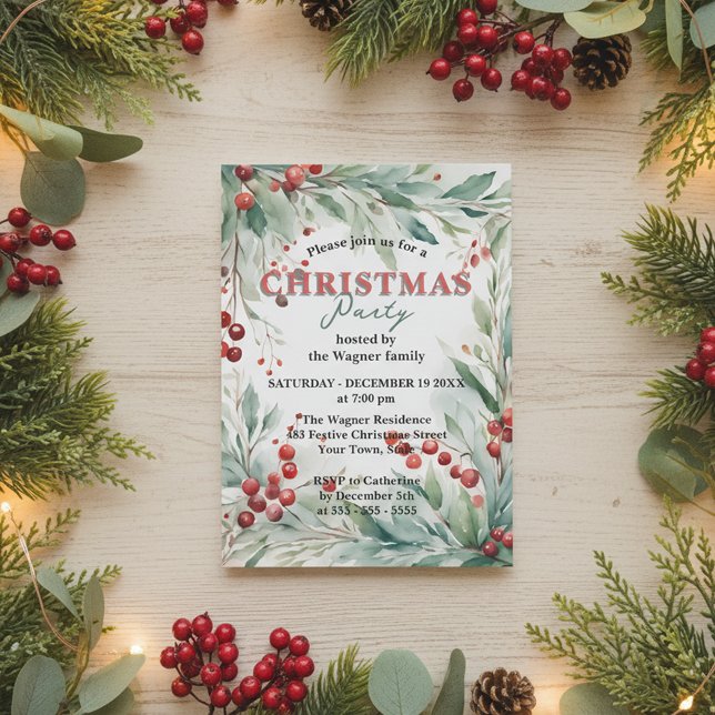 Invitación Fiesta de Navidad con Verde Acuarela y Bayas Rojas (Subido por el creador)