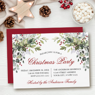 Invitación Fiesta de Navidad con Verde Acuarela y Rojo