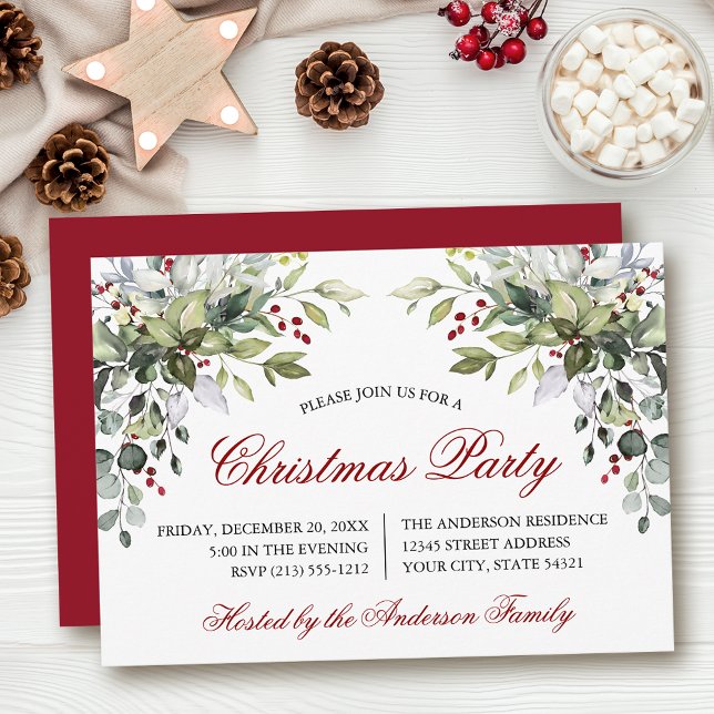 Invitación Fiesta de Navidad con Verde Acuarela y Rojo (Customize to change text size, color, style or to change color of back of card.)