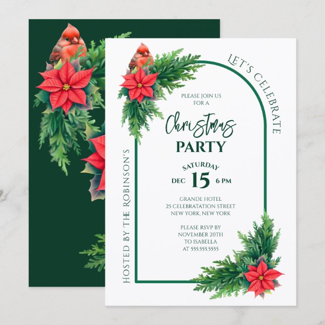 Invitación Fiesta de Navidad con Verdor Elegante (Anverso / Reverso)