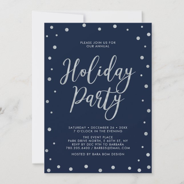Invitación Fiesta de Navidad Confetti Moderno de Plata y Mari (Anverso)