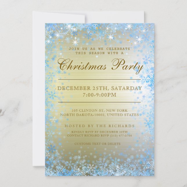 Invitación Fiesta de Navidad Copo de Nieve Brillo Destello Es (Anverso)