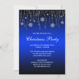 Invitación Fiesta de Navidad Copos de Nieve Brillo Azul Negro