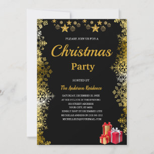 Invitación Fiesta de Navidad Copos de Nieve Plateados y Dorad