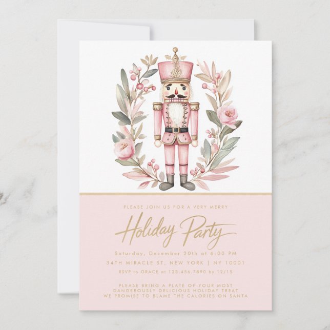 Invitación Fiesta de Navidad Corona Rosa Cascanueces (Anverso)