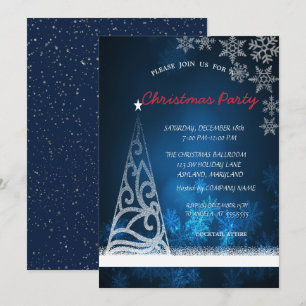 Invitación Fiesta de Navidad corporativa azul, árbol, confeti
