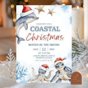 Invitación Fiesta de Navidad Costera de Animales del Mar Azul