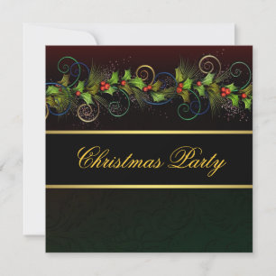 Invitación Fiesta de Navidad de Acebo Negro Elegante Dorado