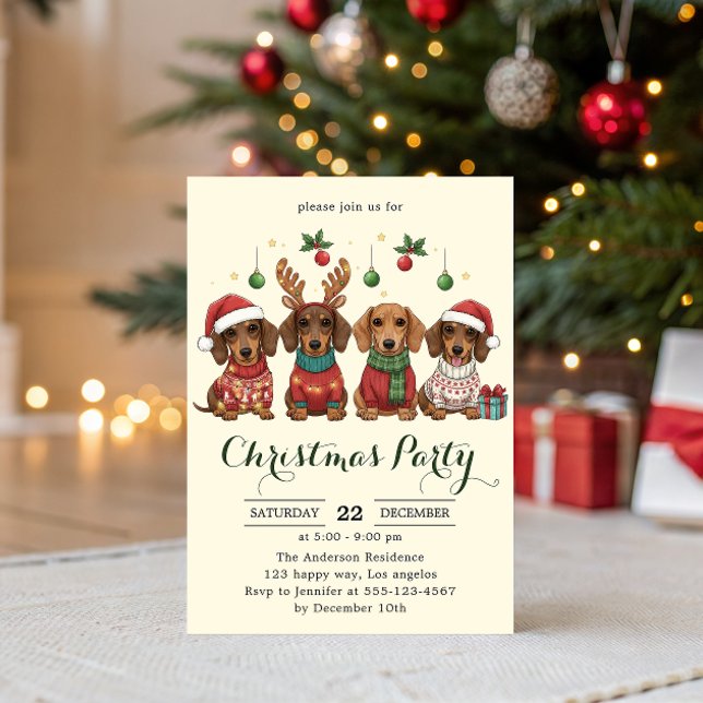 Invitación Fiesta de Navidad de adorables perros Dachshund (Subido por el creador)