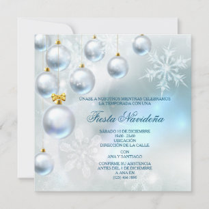 Invitación Fiesta de Navidad de Adornos Plateados y Copos de