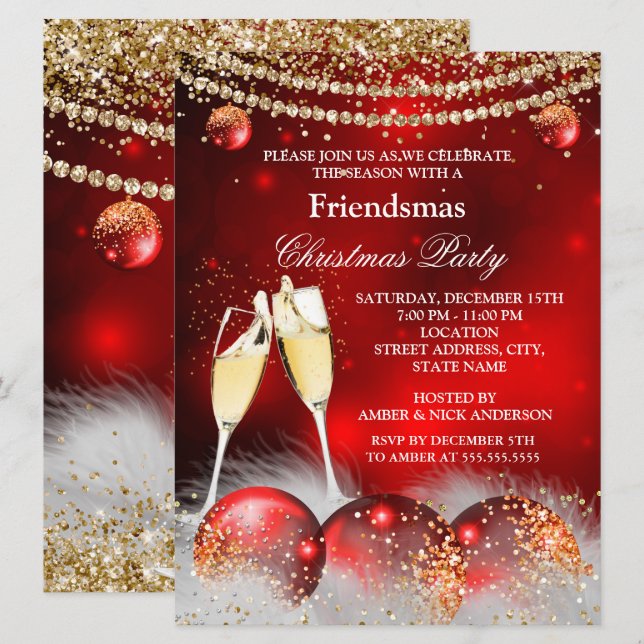 Invitación Fiesta de Navidad de Amigos de Champán Oro Rojo (Anverso / Reverso)