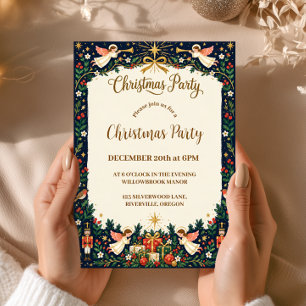 Invitación Fiesta de Navidad de Ángel de Azul Marino y Dorado