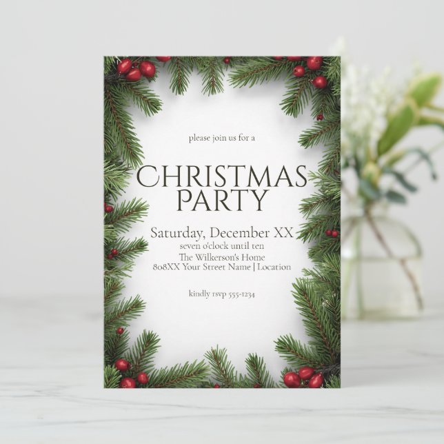 Invitación Fiesta de Navidad de Bayas Rojas y Pino (Anverso de pie)