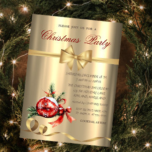 Invitación Fiesta de Navidad de Bola Roja, Lazo, Dorado