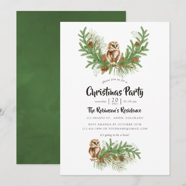 Invitación Fiesta de Navidad de búho de acuarela (Anverso / Reverso)