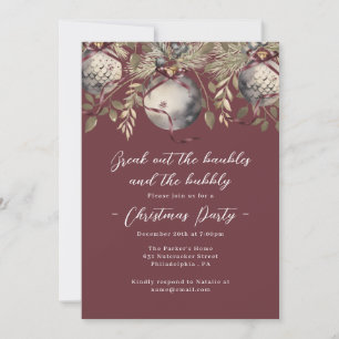 Invitación Fiesta de Navidad de Burdeos con Adornos y Burbuja