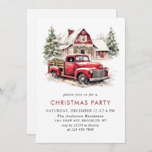 Invitación Fiesta de navidad de camionetas rojas retro vintag