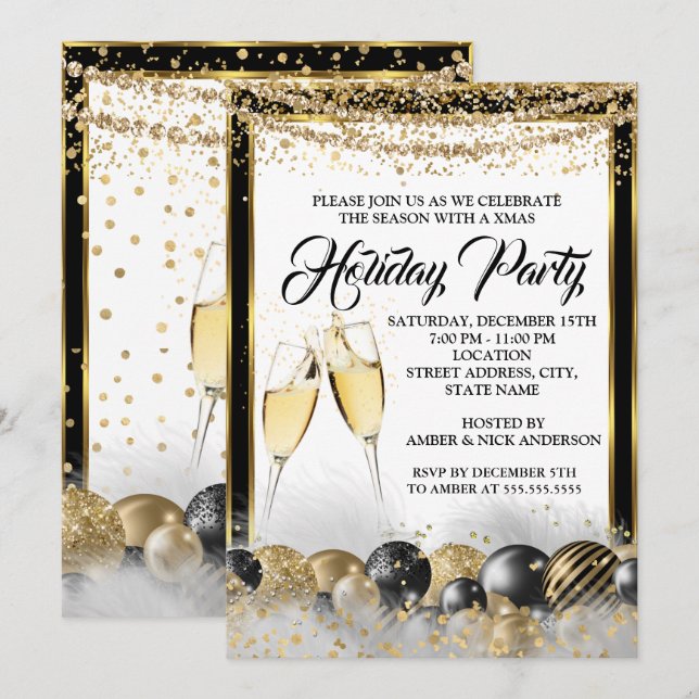 Invitación Fiesta de Navidad de Champagne Negro Dorado (Anverso / Reverso)