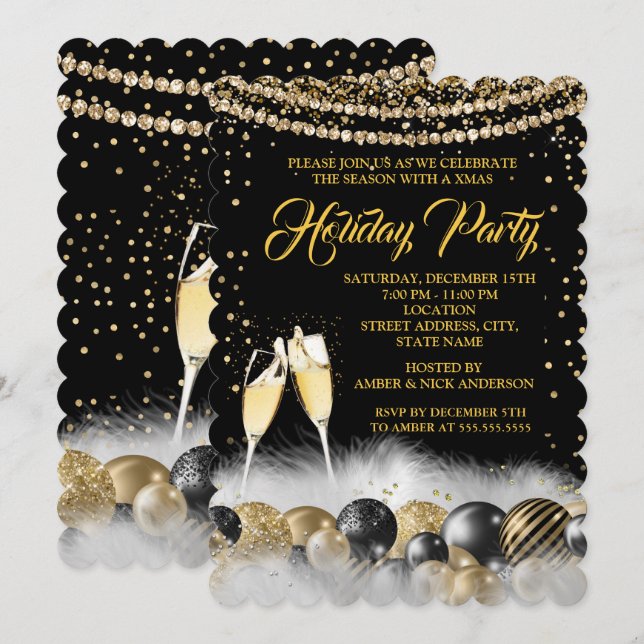 Invitación Fiesta de Navidad de Champagne Negro Dorado 2 (Anverso / Reverso)