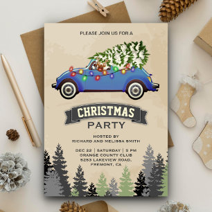 Invitación Fiesta de Navidad de Coche Azul Vintage