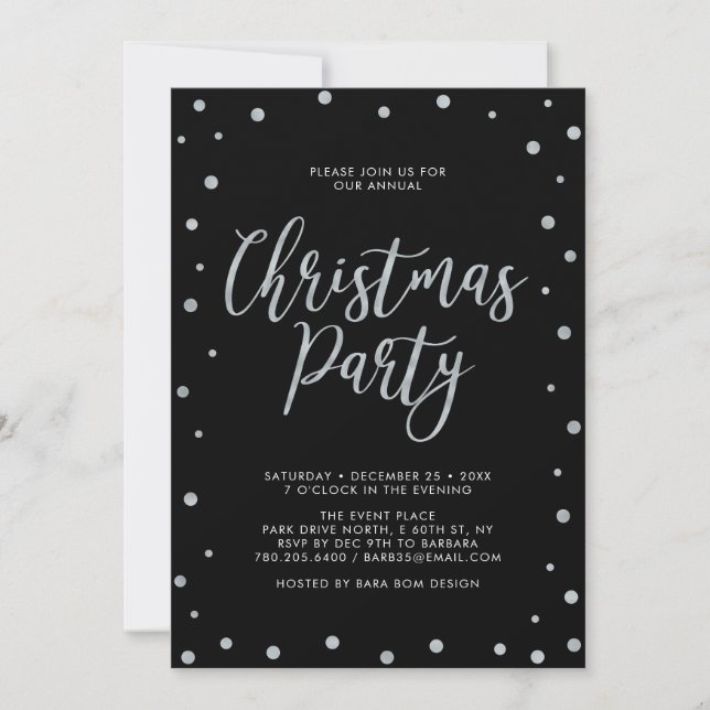 Invitación Fiesta de Navidad de Confeti Moderno Plateado y Ne (Anverso)