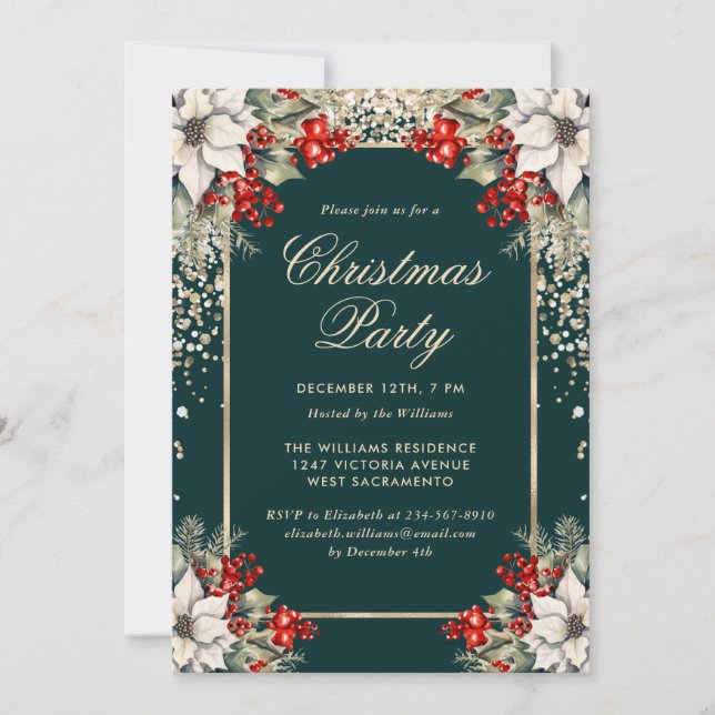 Invitación Fiesta de Navidad de Confeti Verde Botánico Dorado (Anverso)