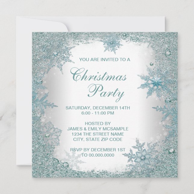 Invitación Fiesta de Navidad de copo de nieve azul turquesa e (Anverso)