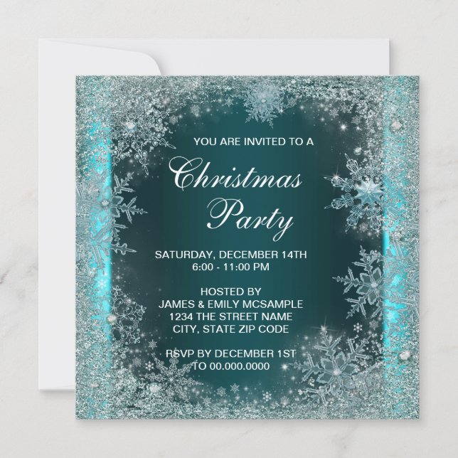 Invitación Fiesta de Navidad de copo de nieve azul turquesa e (Anverso)